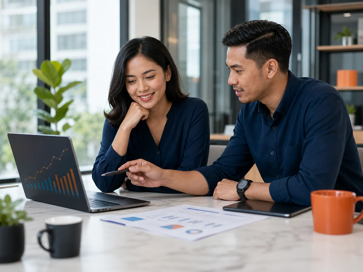 Pemilik bisnis Asia berkonsultasi dengan strategist digital